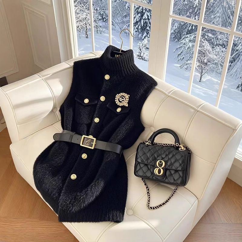 Roupas femininas, modelos de outono e inverno, tamanho pequeno, únicas e bonitas, de alta qualidade, super bonitas, colete de malha preta em camadas_voghion.com