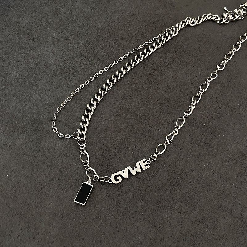Black zircon letter stitching silver necklace female 2023 new hip-hop clavicle chain ins niche personality necklace_voghion.com