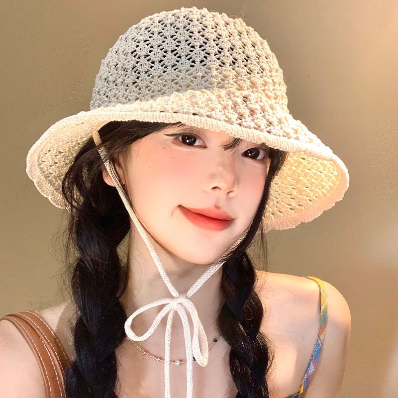 Kapelusz typu bucket z pustym paskiem, damski, letni, cienki, oddychający, mały kapelusz typu bucket, z filtrem przeciwsłonecznym i tkanym kapeluszem przeciwsłonecznym_voghion.com
