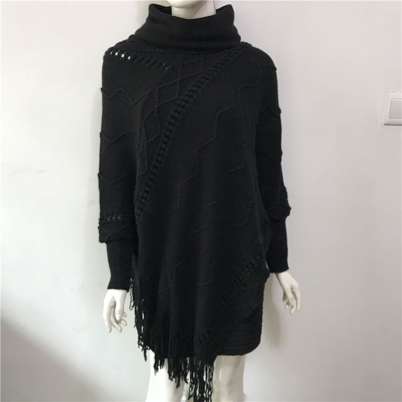Sping and Autumn Women's Wea Pile Neck Loose Pullove Iegula Medium Length Tassel Cloak Shawl Bat Shit Coat_voghion.com