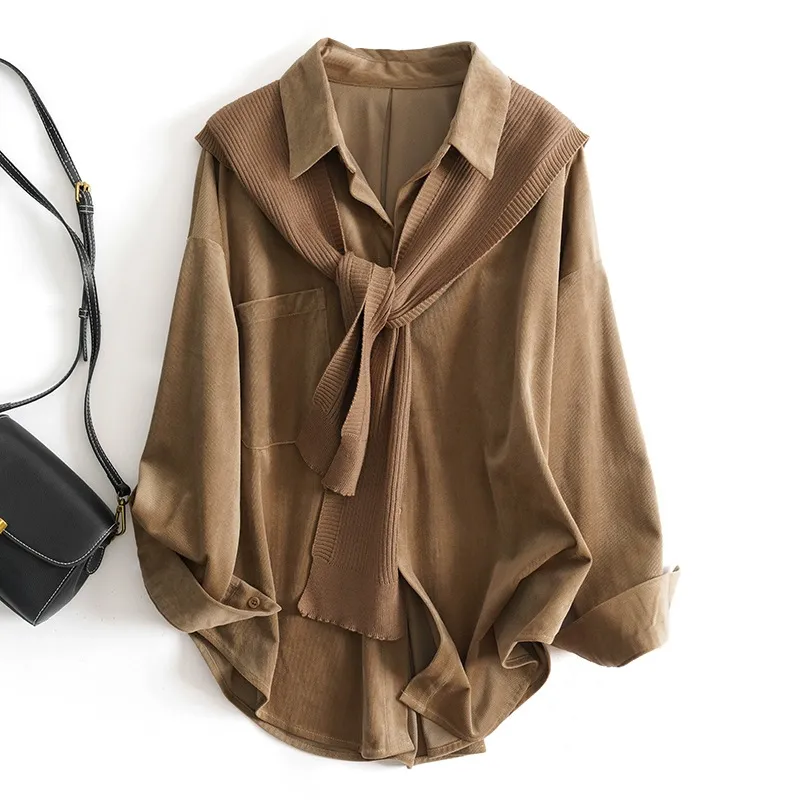 Chemise à manches longues en velours brossé pour femme, nouvelle chemise décontractée en tricot de haute qualité, automne_voghion.com