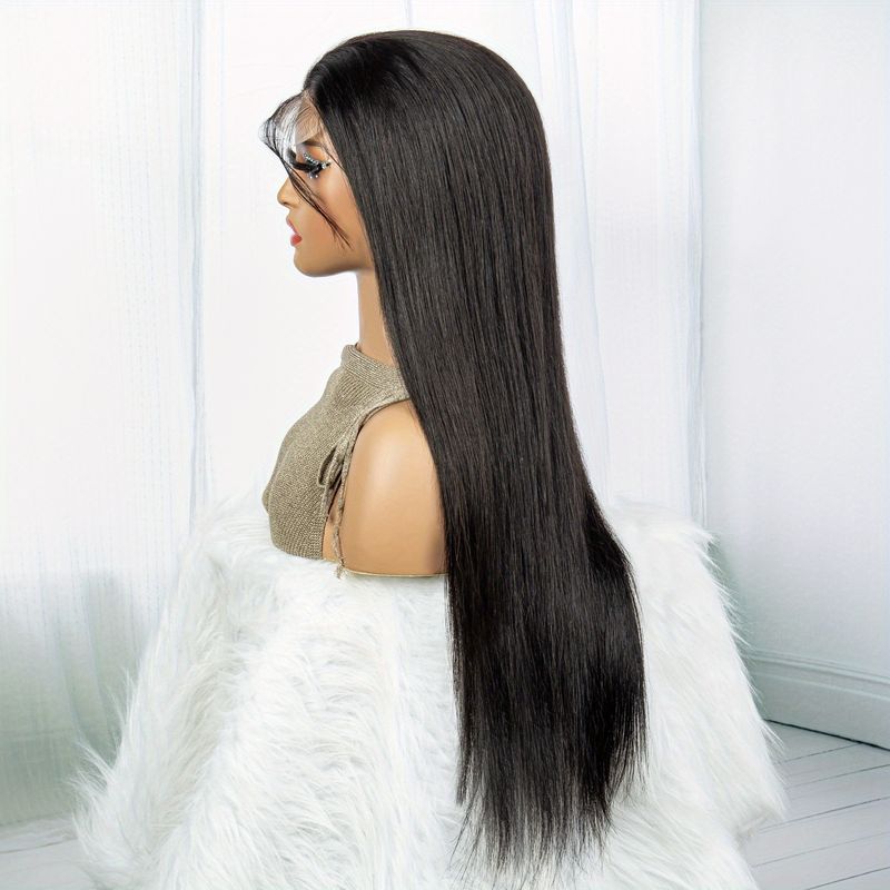 Pelucas de cabello humano liso Pelucas de cabello humano con frente de encaje 4*4 Pelucas de cabello humano liso sin pegamento de densidad 180% para mujeres Color natural 16-32 pulgadas_voghion.com