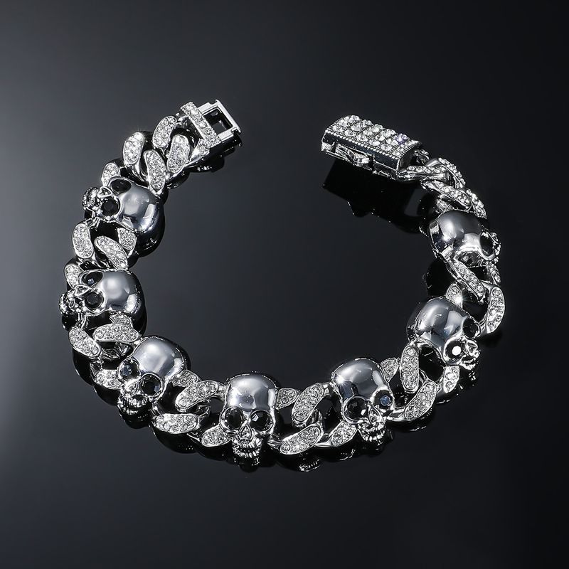 Hip Hop Cool Rhinestone Skull Cuban Chain Bracelet Necklace for Men Women Iced Out Cuban Chain Chain Necklaces Fashion Jewelry_voghion.com