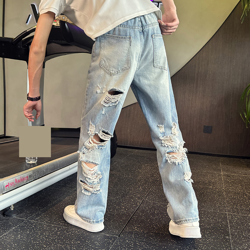 Men's Distressed Straight Leg Jeans | Vintage Relaxed Fit Ripped Denim Pants | Summer Casual Streetwear_voghion.com