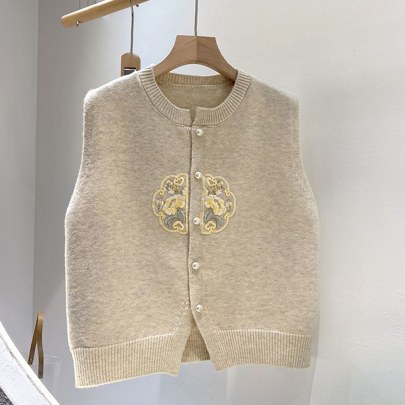 New Chinese style sleeveless cardigan in the spring of 2024, featuring embroidery, knitting, and outerwear with a vest_voghion.com