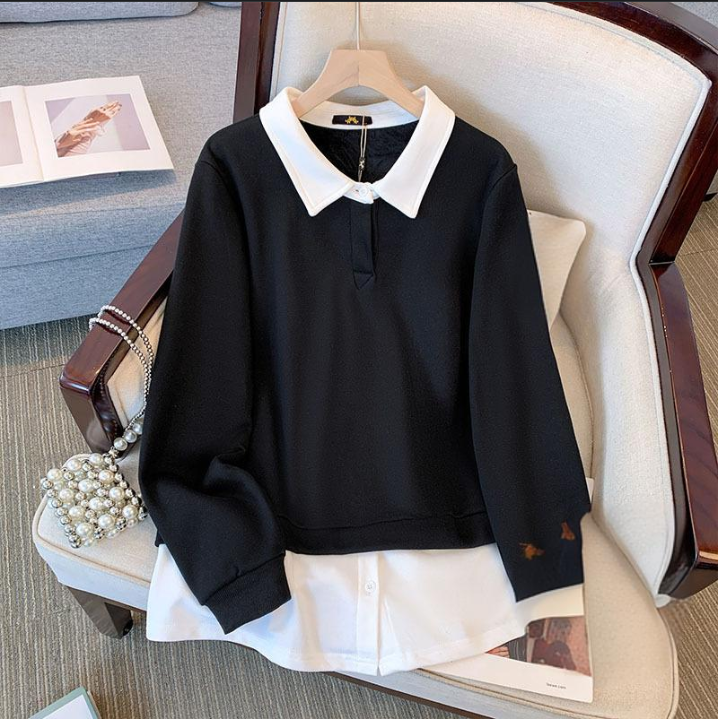 Roupas femininas Outono e inverno feminino Plus veludo espessamento gordura mm emenda duas peças suéter jaqueta + saia conjunto_voghion.com