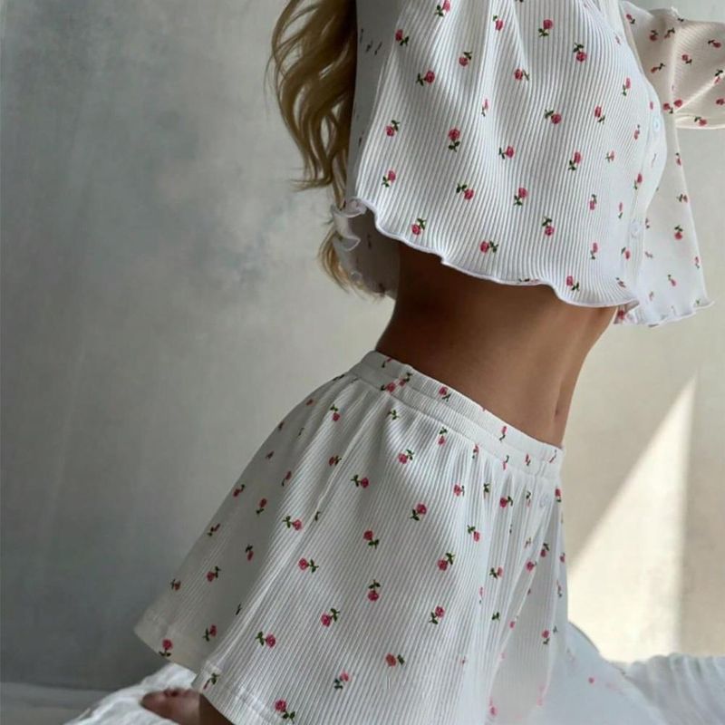 Women's Sleepwears Leisure Home Clothes Women's Suits Loose Single Breasted Long Sleeved Shorts Two Piece Suit_voghion.com
