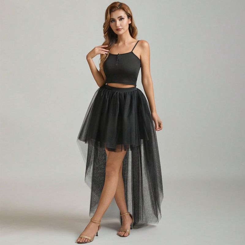 Dameskleding Sexy Mode Zwaluwstaart Mesh Rok Korte Voorkant Lange Achterkant Onregelmatige Pluizige Rok_voghion.com