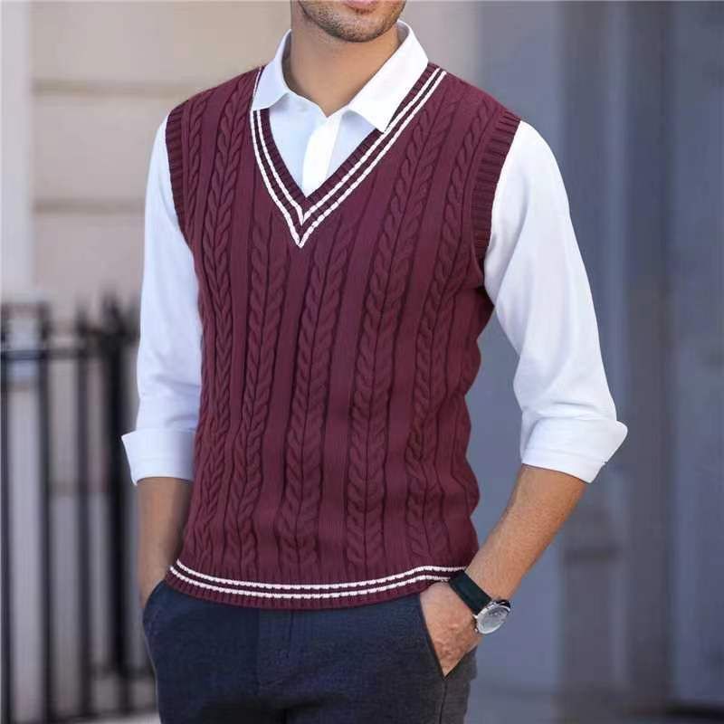 Gilet da uomo in maglia a trecce con scollo a V – Prestige Wool Blend per look a strati, sia in ambito accademico che urbano (M-XXXL, 9 colori)_voghion.com