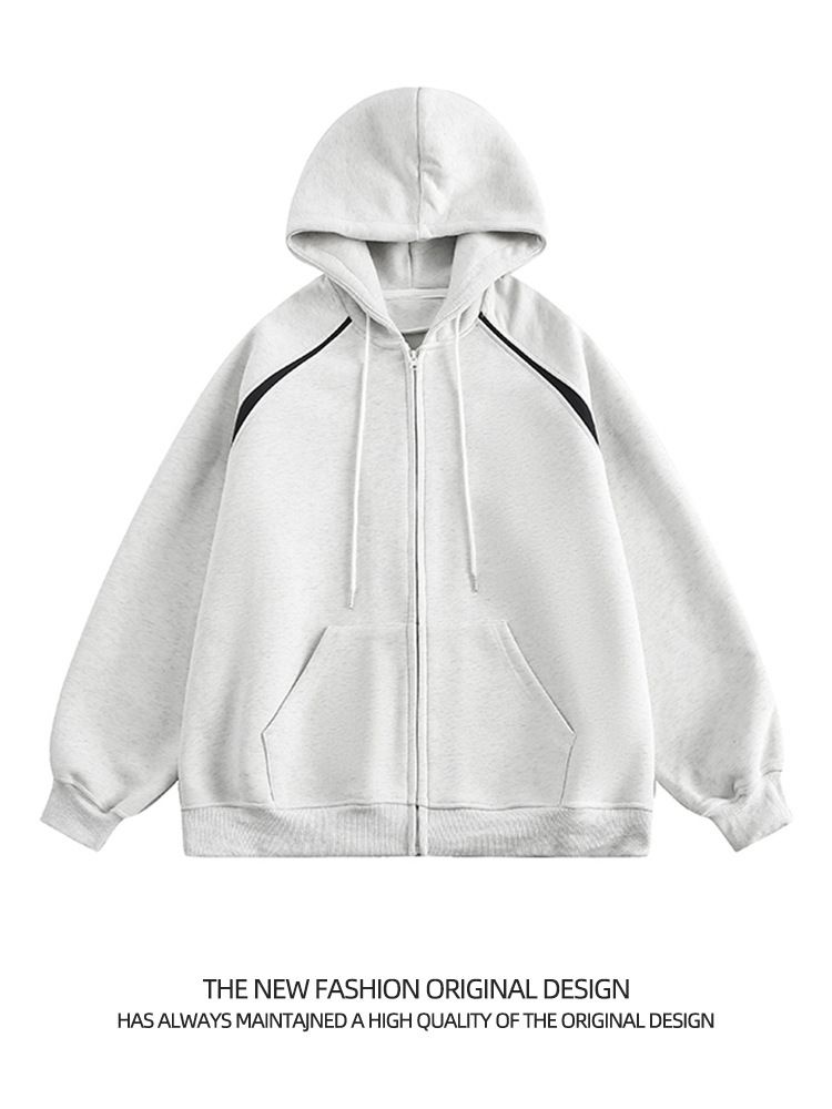 Moletom com capuz grande masculino com zíper – Jaqueta streetwear 90% algodão com costura contrastante (3 cores, 5 tamanhos)_voghion.com