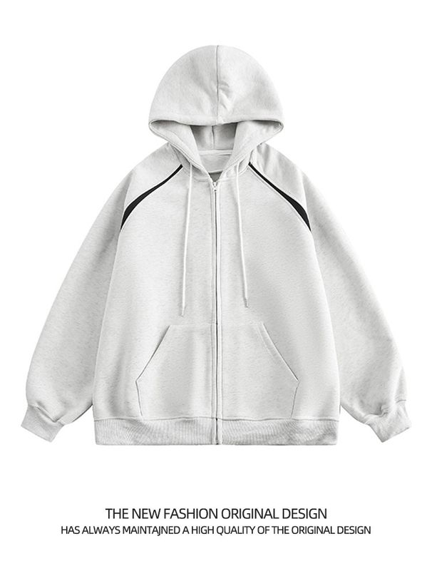 Moletom com capuz grande masculino com zíper – Jaqueta streetwear 90% algodão com costura contrastante (3 cores, 5 tamanhos)_voghion.com