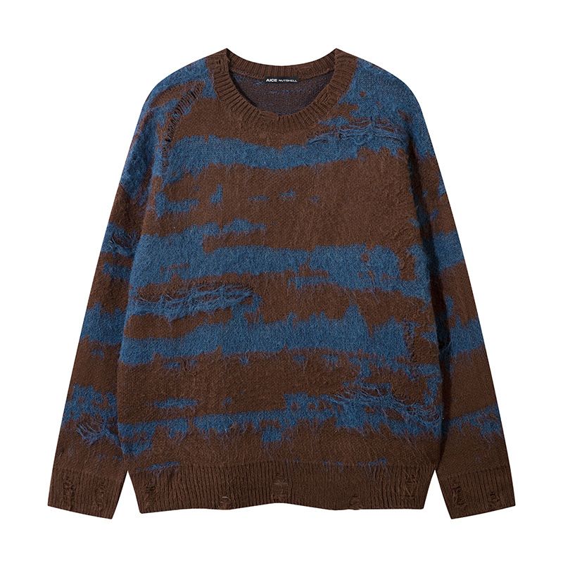 Herrenbekleidung Lazy Style Vintage Distressed Boho Style Mohair-inspirierter Farbblock-Streifenpullover Unisex Oversized Strickpullover für Männer & Frauen_voghion.com
