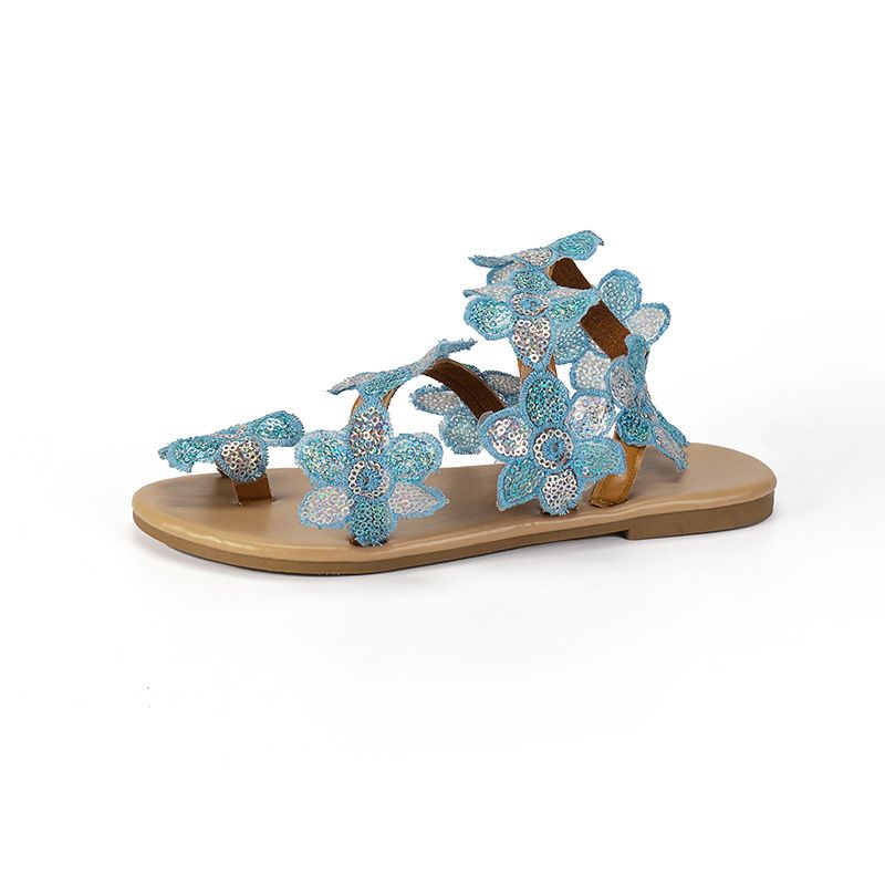 large size flat-bottomed toe colored sandals women's outerwear flower decoration beach sandals and slippers_voghion.com