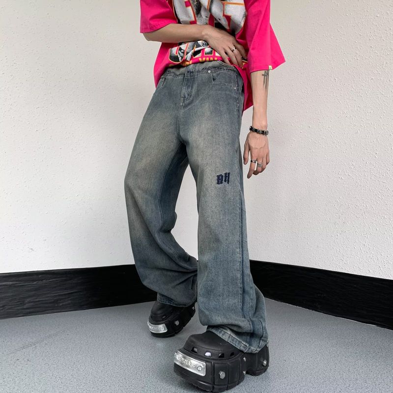 Amerikanische Jeans für Männer Frauen 2024 Frühling und Herbst Hohe Taille Lose Breite Beine Schlank Gerade Boden Ziehen Hosen NK509_voghion.com