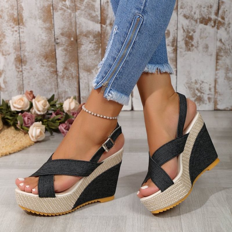 Novas sandálias plataforma plataforma cunha menina jeans fivela cruzada sandálias de praia_voghion.com