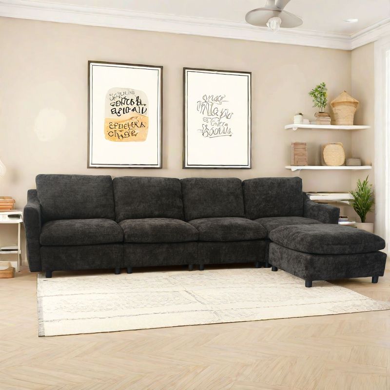 4-Seater Modern Beige Fabric Modular Cloud Sofa With Ottoman, Sectional Sofa, Chenille Cloud Couch Deep Seat For Living Room_voghion.com