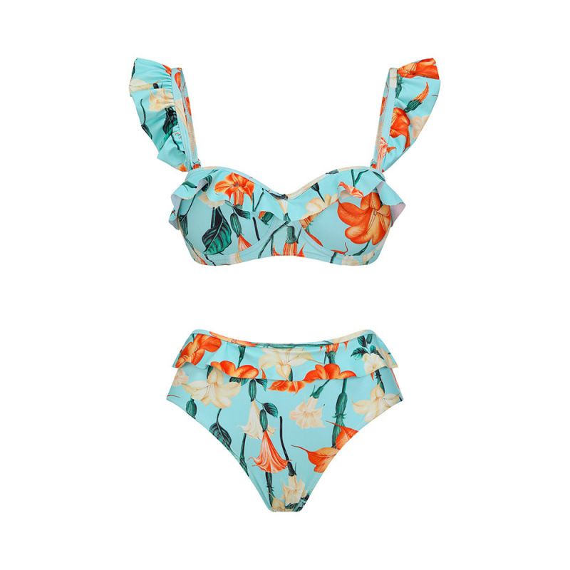 Costume da bagno bikini floreale, maniche a balze da donna, pantaloni a vita alta, costume da bagno sexy e snellente_voghion.com