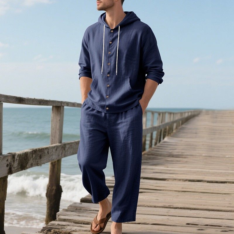 Herren-Set aus Leinenhemd und -hose mit Kapuze – lässige Strandmode mit lockerer Passform für Frühling und Herbst – atmungsaktives Langarmoberteil mit Hose mit entspannter Passform​​_voghion.com