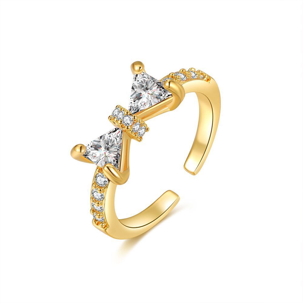 Gold bow ring metal copper plated real gold inlaid zircon open ring_voghion.com