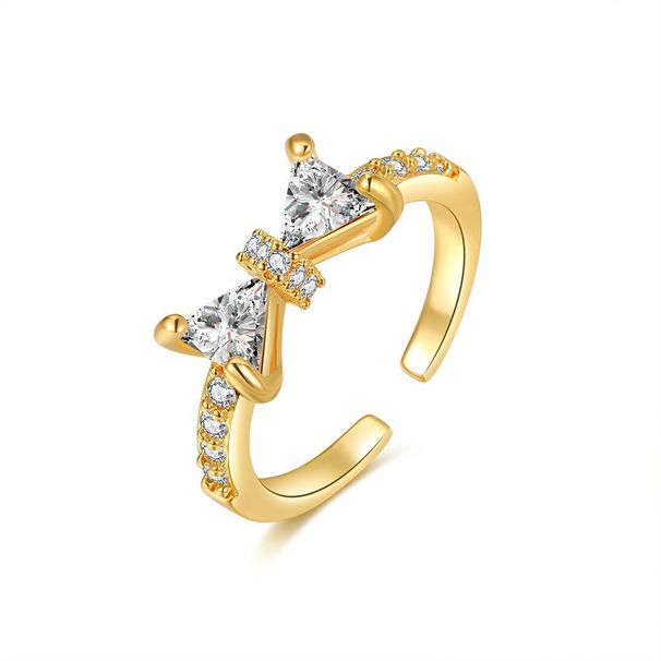Gold bow ring metal copper plated real gold inlaid zircon open ring_voghion.com