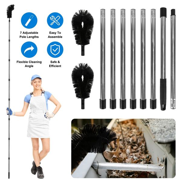 11.5FT Gutter Cleaning Brush With Telescoping Handle Rain Gutter Cleaner Extendable Gutter Cleaning Tool From The Ground With 2 Angled Brushes Anti-slip Gloves Goggles_voghion.com