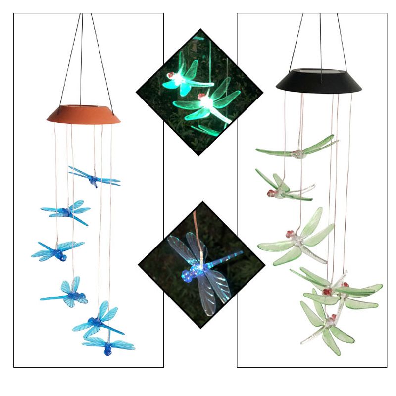 Solarbetriebenes Libellen-Windspiel, farbwechselnde Gartendekoration für den Außenbereich, wasserdichte LED-Lichterkette für Terrasse, Hof und Weihnachten_voghion.com