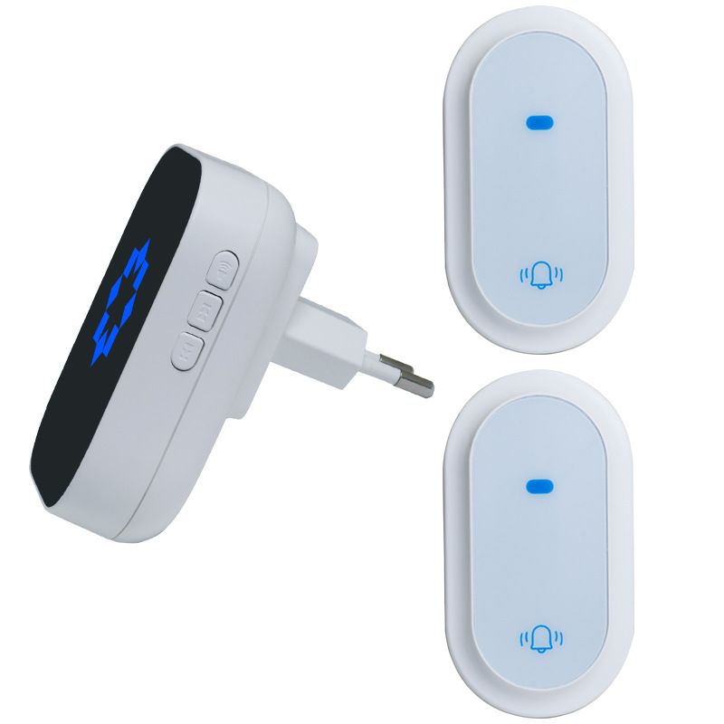 Campainha sem fio autoalimentada com 38 toques - 433 MHz de longo alcance, receptor 1 para 2, CA 100-240 V, para residências/hotéis (modelo F06C-1, preto/branco)_voghion.com