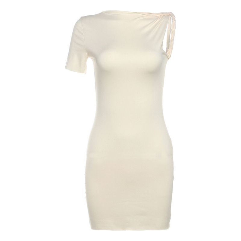 Damenbekleidung New Street Fashion Schräge Schulter Kurzarm Einfarbig Schlank Sexy Hüftkleid_voghion.com