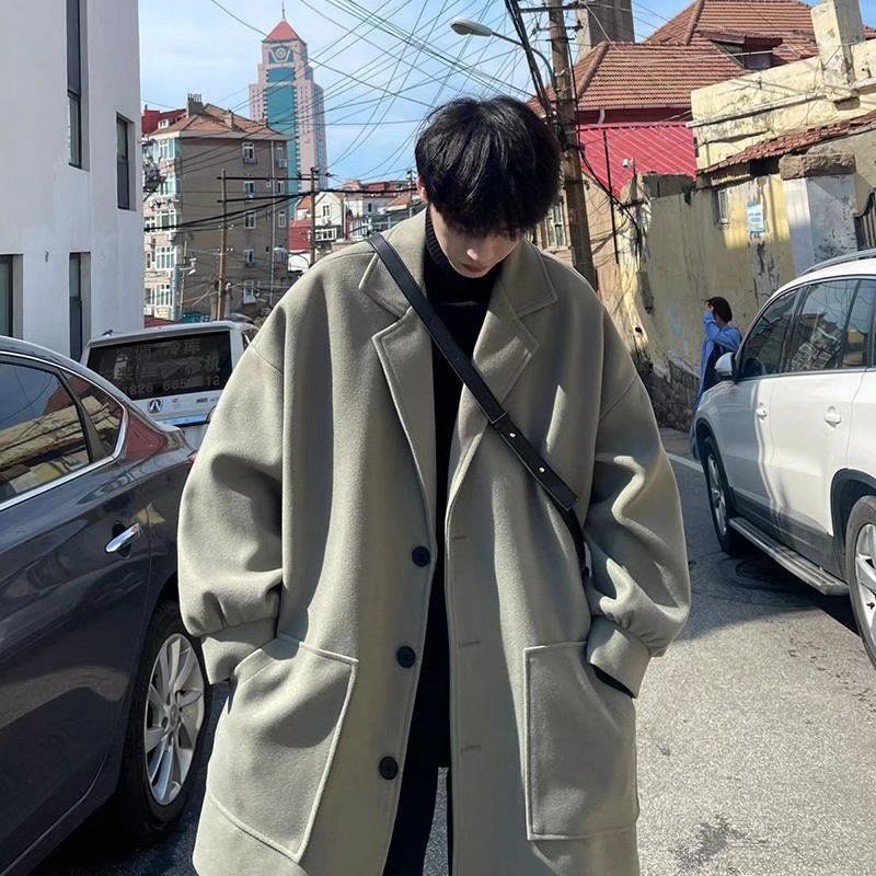 Medium to long for men 2022 new Korean version loose windbreaker youth casual woolen coat_voghion.com
