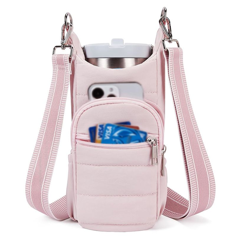 ​​Umhängetasche für Damen mit Wasserflasche – Trinkbeutel aus atmungsaktivem Stoff zum Wandern und Radfahren, verstellbarer Riemen für 32-oz-Flaschen (Schwarz/Beige/Mauve)​_voghion.com