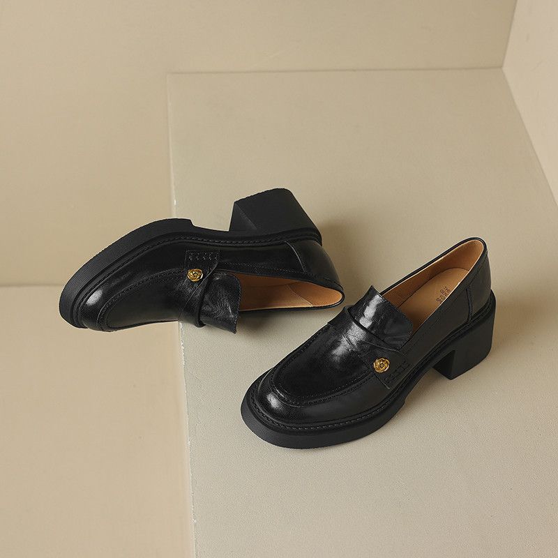 Kozí kůže ~ Dámské podzimní mokasíny s tlustou podrážkou, britský styl, s kamélií, nazouvací kožené boty v retro stylu, na hrubém podpatku_voghion.com