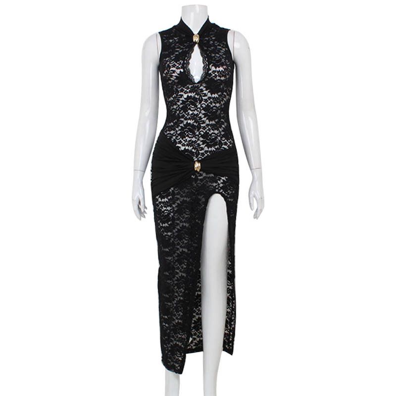 Robe sexy en dentelle ajourée sans manches, style cheongsam, fendue sur le côté, pour femme_voghion.com