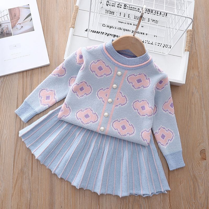 Robe d'automne et d'hiver pour filles, célèbre pull à col rond de petite et moyenne taille, jupe plissée deux pièces, célèbre sur Internet_voghion.com