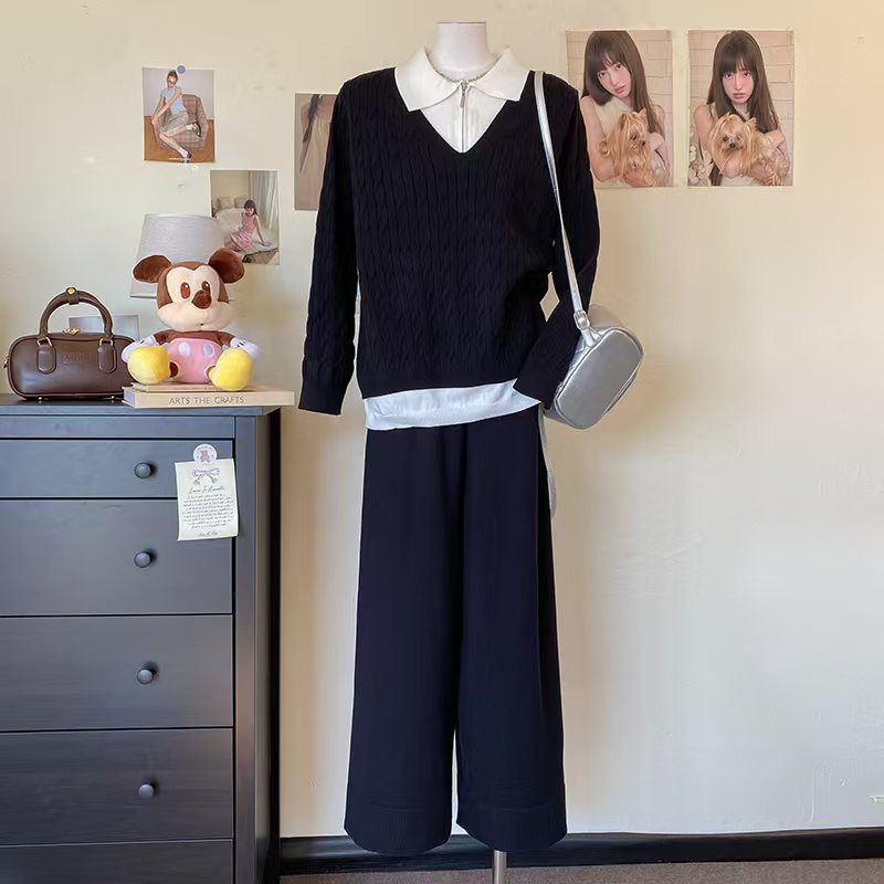 Damenbekleidung Damen Herbst und Winter neuer dicker Reversnähpullover zweiteiliger Anzug Strickpullover Hose mit weitem Bein Temperamentanzug_voghion.com