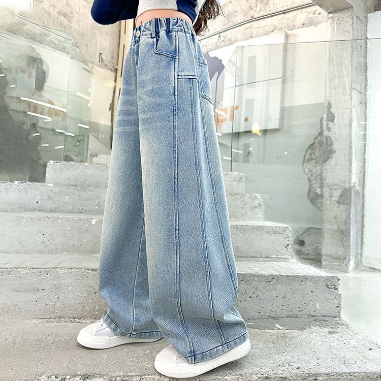 "Kids' Stretch Denim Jeans For Girls Comfortable Stylish Casual Pants With Elastic Waistband, Streetwear Fashion For ToddlersChildren (Blue, 120cm)_voghion.com