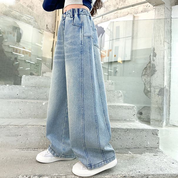 "Kids' Stretch Denim Jeans For Girls Comfortable Stylish Casual Pants With Elastic Waistband, Streetwear Fashion For ToddlersChildren (Blue, 120cm)_voghion.com