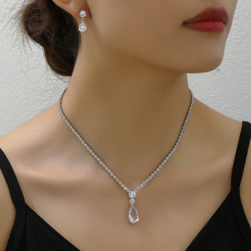 Conjunto de colar de brincos feminino minimalista e fresco, edição coreana, brincos de gota de água com zircônia incrustada, clavícula versátil_voghion.com