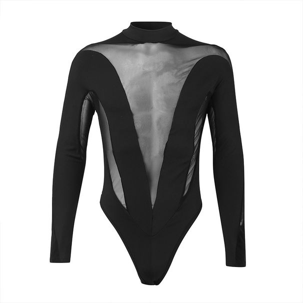 Abbigliamento maschile nuovo stile giunture sexy abbigliamento maschile maglia a maniche lunghe T-shirt slim uomo prospettiva divertente tuta uomo_voghion.com