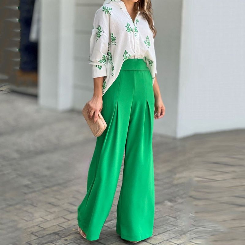Kadın Giyim Mizaç Gevşek Baskılı Gömlek Kadın Yüksek Bel Geniş Paça Pantolon Moda Takım Elbise_voghion.com