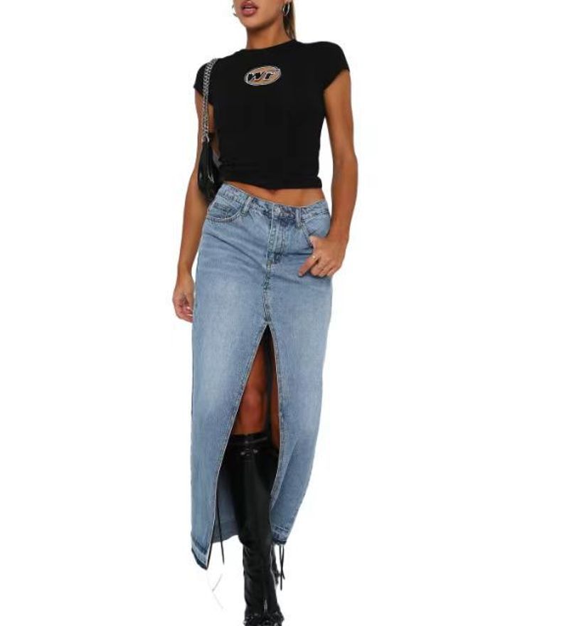 Women's fashion high waist slit design denim long skirt_voghion.com