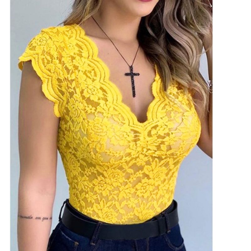Roupas femininas primavera e verão camisa de renda feminina gola em v pulôver camiseta slim sexy parte inferior top para uso externo_voghion.com