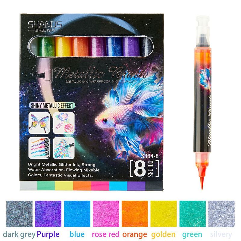 8-Color Metallic Brush Pen Set With Glitter Flow Ink - Soft Tip Calligraphy & Art Markers For Drawing, Hand Lettering, And Painting​_voghion.com