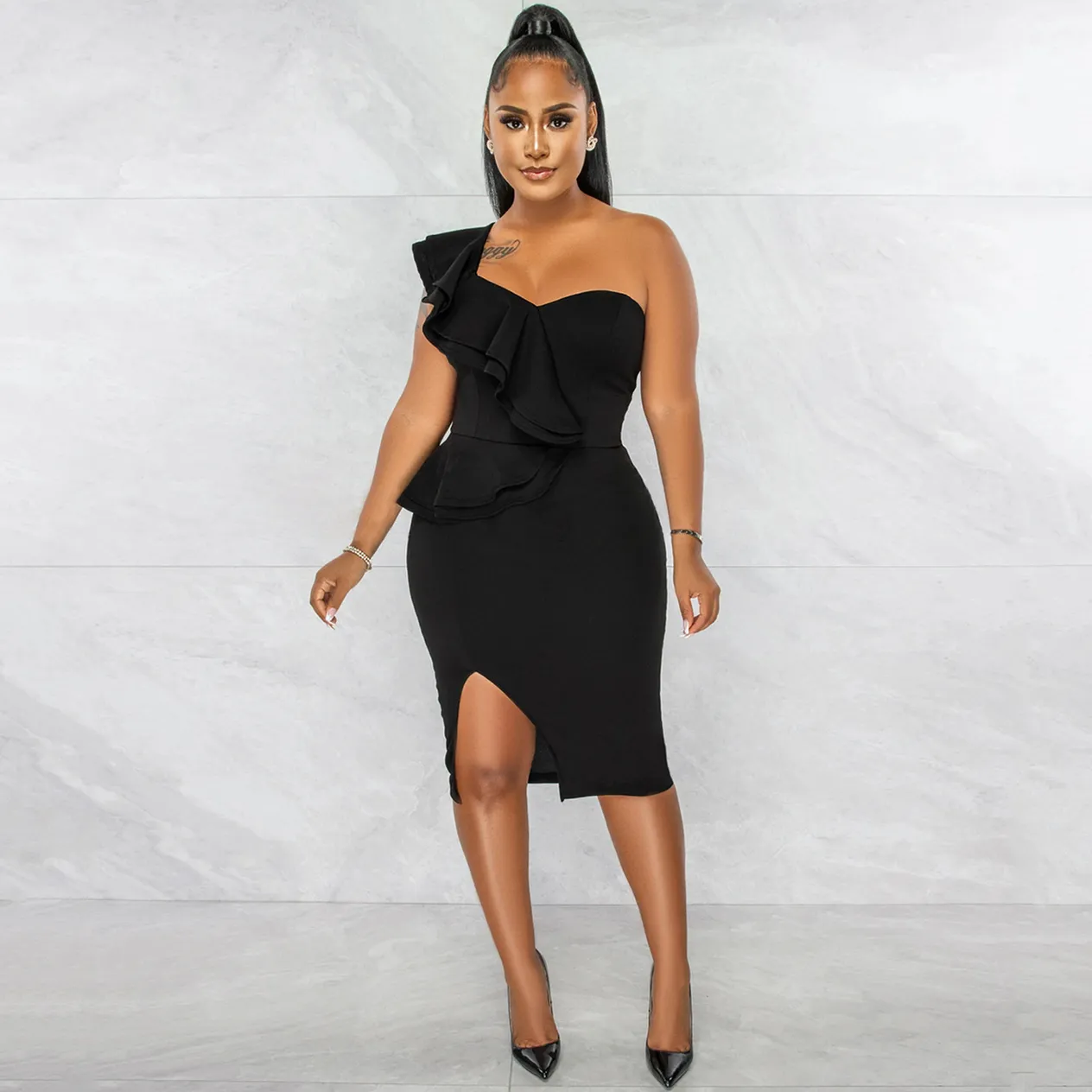 Women's Clothing fashion casual ruffled slit one shoulder sleeve dress women's clothing_voghion.com