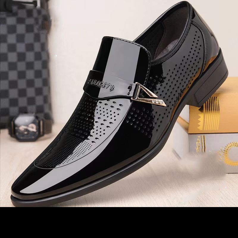 Euro Step Large Size Summer Small Perforated Leather For Young Men British Style Pointed Toe Fashion Trendy Men's Business Shoes_voghion.com