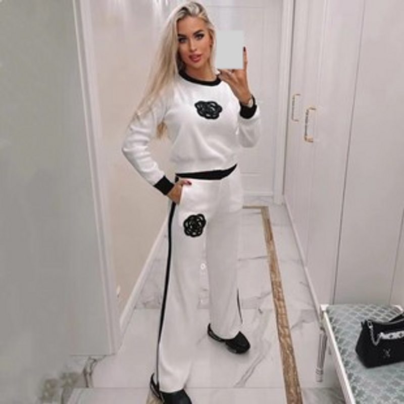 Women's Clothing camellia casual suit women's fashionable style knitted wide leg pants woolen two piece set_voghion.com