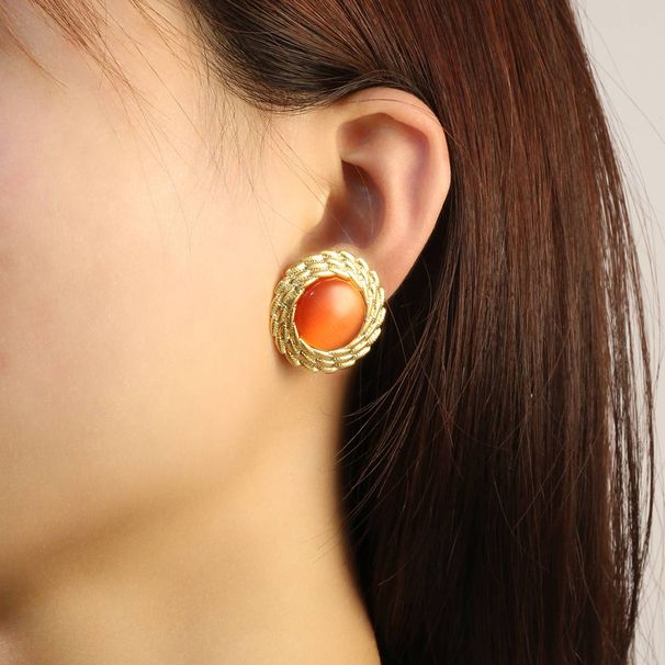 New light luxury retro irregular round earrings for women, inlaid with cat eye stones, high-end and exaggerated design, stainless steel earrings_voghion.com
