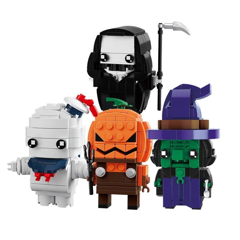 4st roliga och intressanta halloweenhäxa, pumpa, dödsskördare, mamma byggklossar tegelstenar julleksaker_voghion.com