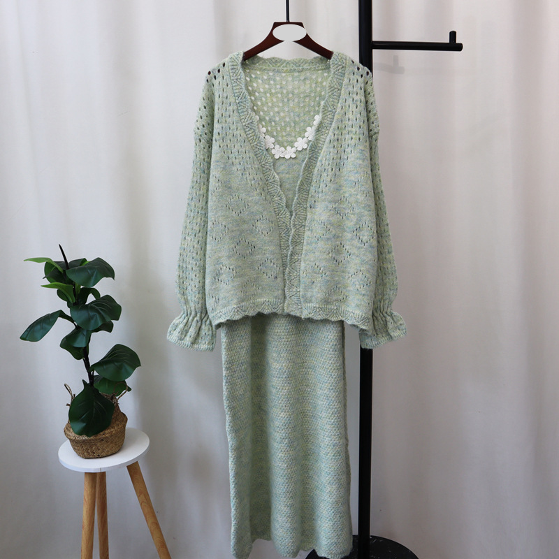 Women's Clothing 2024 autumn and winter new gentle style knitted cardigan vest dress two piece sweet loose sweater suit for women_voghion.com