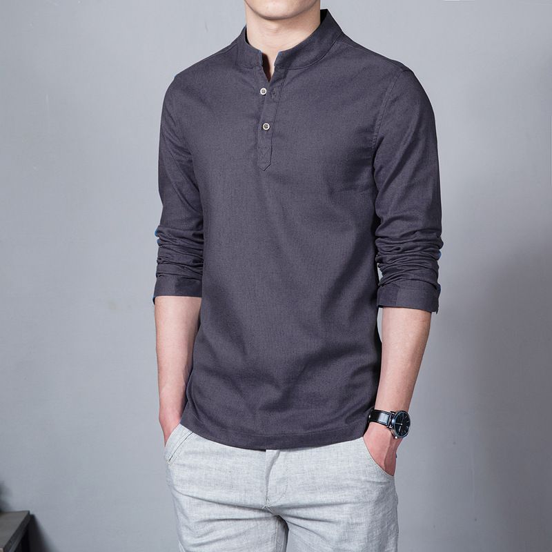 Long Sleeved Casual Cotton And Linen Men's Slim Fit Shirt, Solid Color Stand Up Collar Polo Shirt_voghion.com
