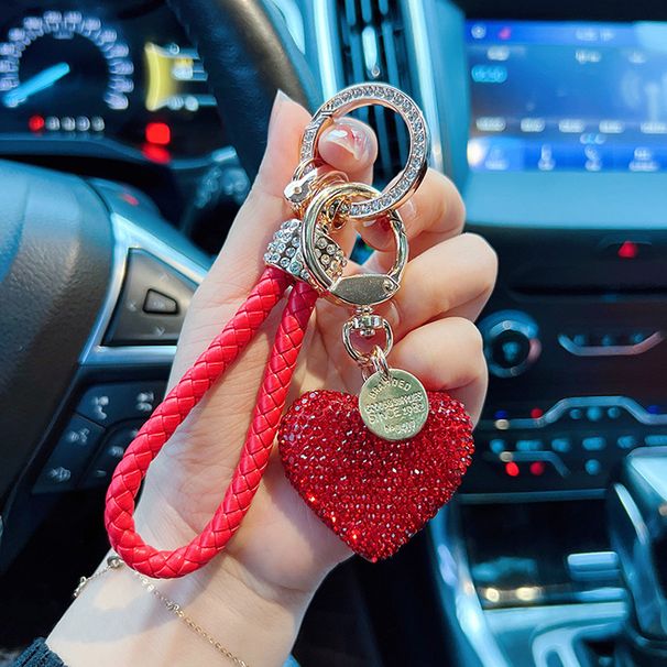 Portachiavi per auto a forma di cuore in argilla con cinturino in pelle intarsiato di diamanti, ciondolo squisito per donna_voghion.com